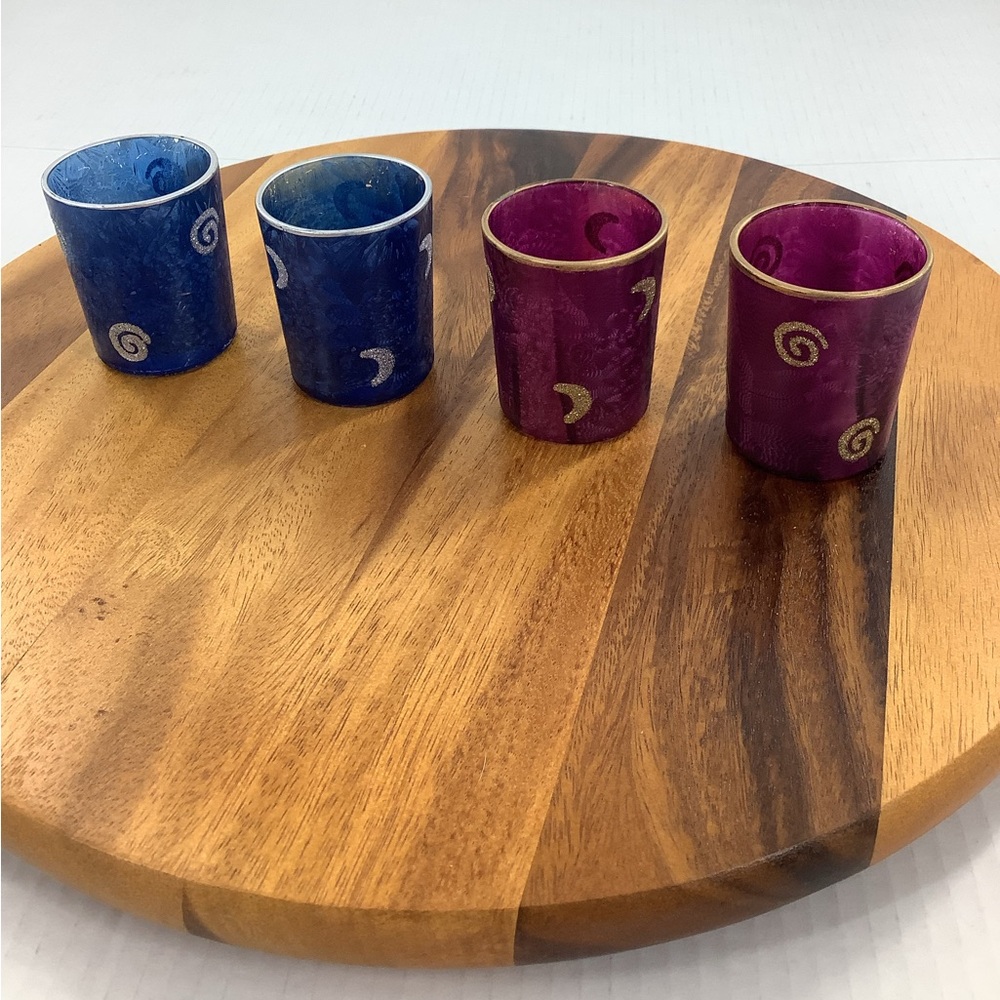 Votive Candle Holder Set - Glass, Burgundy/Blue w Glitter Celestial Set Of 4